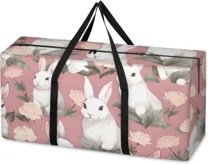 Colorful Rabbit Extra Large Moving Bags Heavy Duty Storage Bags Graffiti Bunny Cloth Wrap Around Handles Double Zipper Reusable Convenient Foldable Storage Tote for Travel Camping Space Save