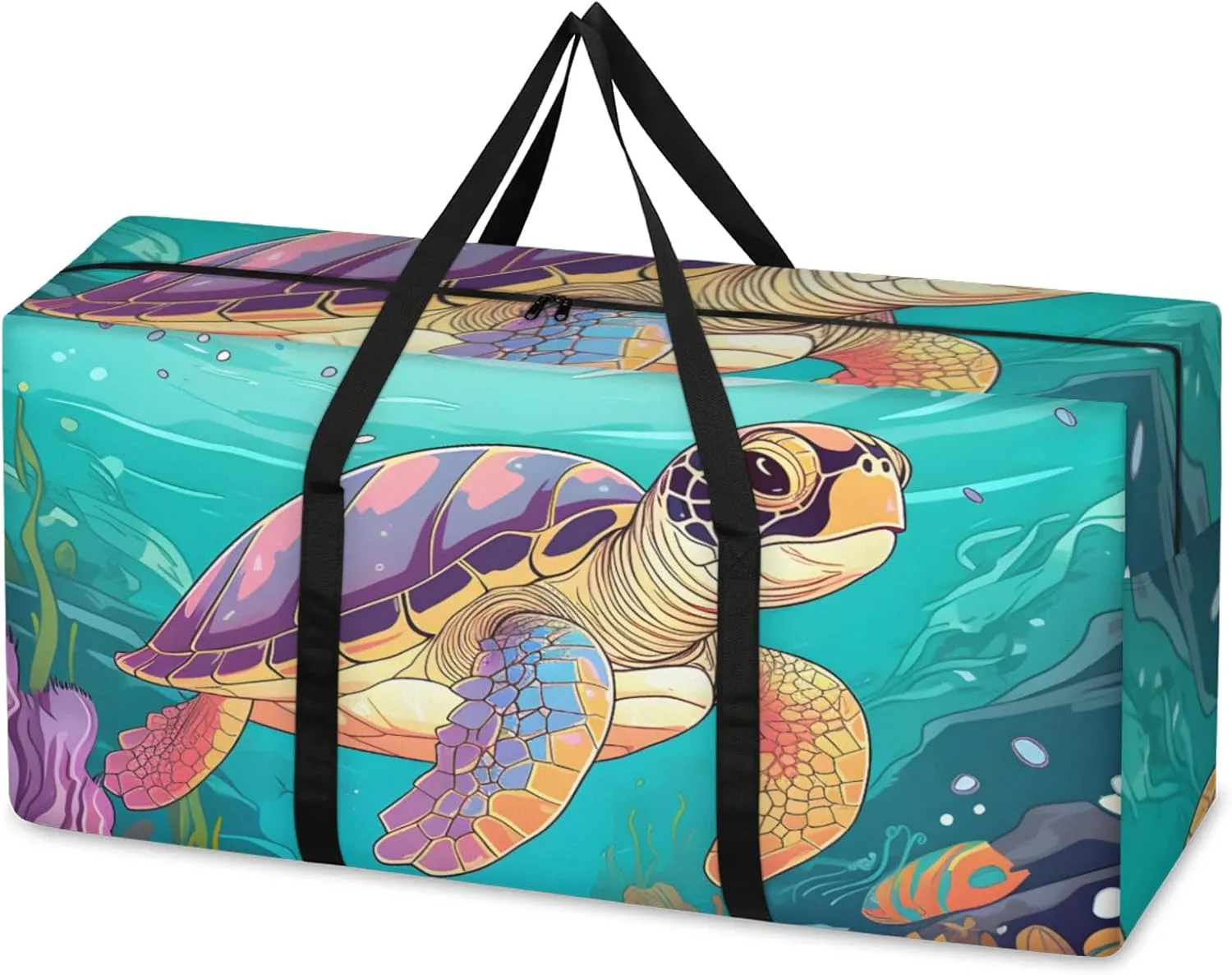Colorful Turtle Extra Large Moving Bags Heavy Duty Storage Bags Graffiti Turtle Cloth Wrap Around Handles Double Zipper Reusable Convenient Foldable Storage Tote for Travel Camping Space Save