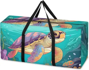 Colorful Turtle Extra Large Moving Bags Heavy Duty Storage Bags Graffiti Turtle Cloth Wrap Around Handles Double Zipper Reusable Convenient Foldable Storage Tote for Travel Camping Space Save