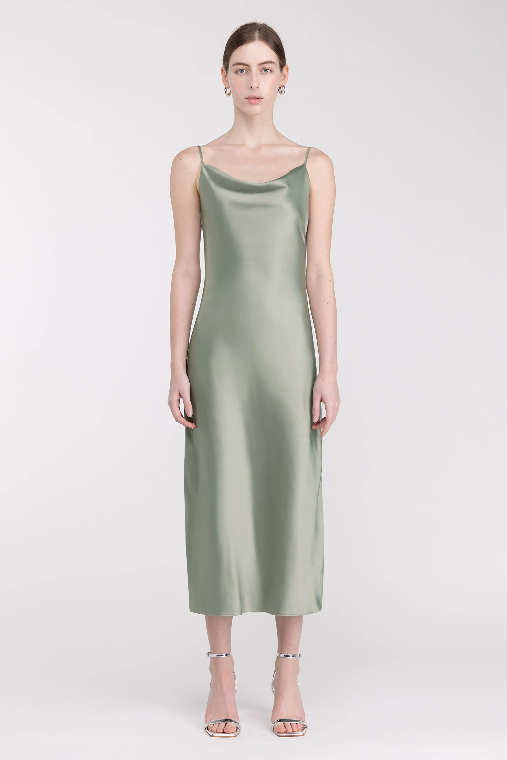 COWL NECK SATIN MIDI DRESS