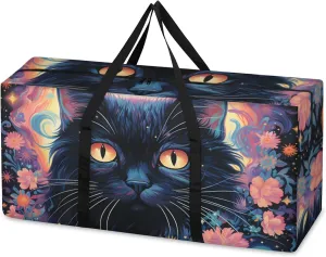 Cute Cat Extra Large Moving Bags Heavy Duty Storage Bags Ethnic Cat Cloth Wrap Around Handles Double Zipper Reusable Convenient Foldable Storage Tote for Travel Camping Space Save