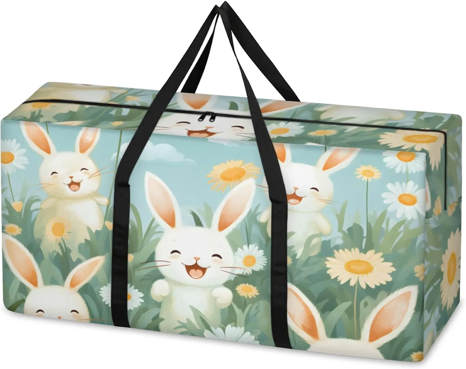 Cute Rabbit Extra Large Moving Bags Heavy Duty Storage Bags Artistic Rabbit Cloth Wrap Around Handles Double Zipper Reusable Convenient Foldable Storage Tote for Travel Camping Space Save