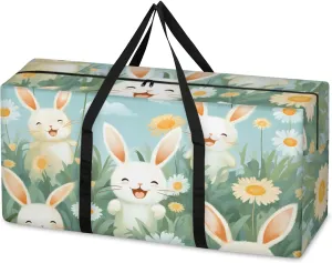 Cute Rabbit Extra Large Moving Bags Heavy Duty Storage Bags Artistic Rabbit Cloth Wrap Around Handles Double Zipper Reusable Convenient Foldable Storage Tote for Travel Camping Space Save