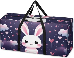 Cute Rabbit Extra Large Moving Bags Heavy Duty Storage Bags Dreamy Rabbit Cloth Wrap Around Handles Double Zipper Reusable Convenient Foldable Storage Tote for Travel Camping Space Save