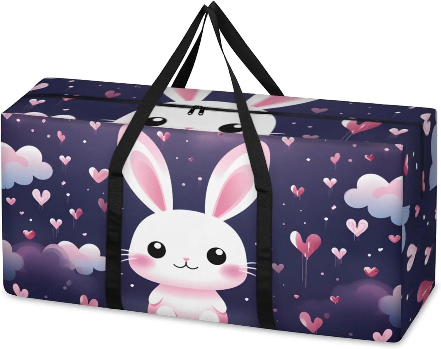 Cute Rabbit Extra Large Moving Bags Heavy Duty Storage Bags Dreamy Rabbit Cloth Wrap Around Handles Double Zipper Reusable Convenient Foldable Storage Tote for Travel Camping Space Save
