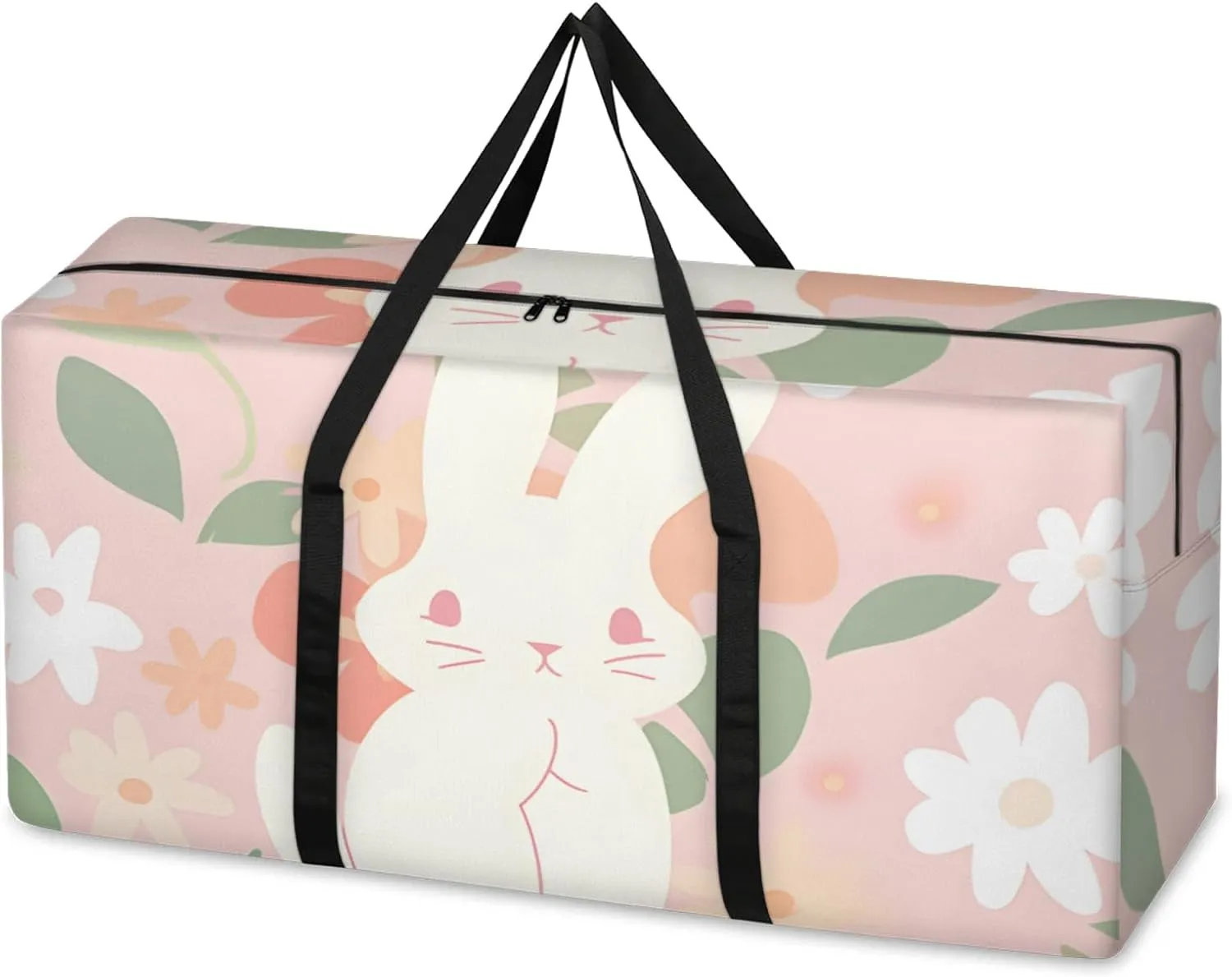Cute Rabbit Extra Large Moving Bags Heavy Duty Storage Bags Watercolor Rabbit Cloth Wrap Around Handles Double Zipper Reusable Convenient Foldable Storage Tote for Travel Camping Space Save