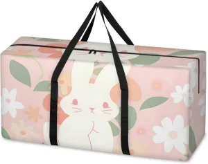 Cute Rabbit Extra Large Moving Bags Heavy Duty Storage Bags Watercolor Rabbit Cloth Wrap Around Handles Double Zipper Reusable Convenient Foldable Storage Tote for Travel Camping Space Save