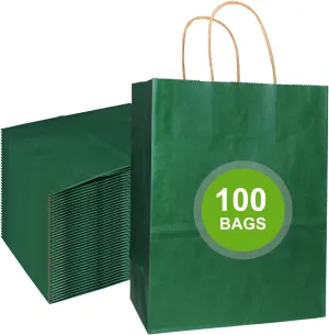DechoPak 100pcs Dark Green Gift Bags, 8.3x4.3x10.6 Inch Green Paper Bags with Handles, Medium Kraft Party Favor Goodie Bag Bulk for Birthday Baby Shower Valentine's Day Christmas Retail Business