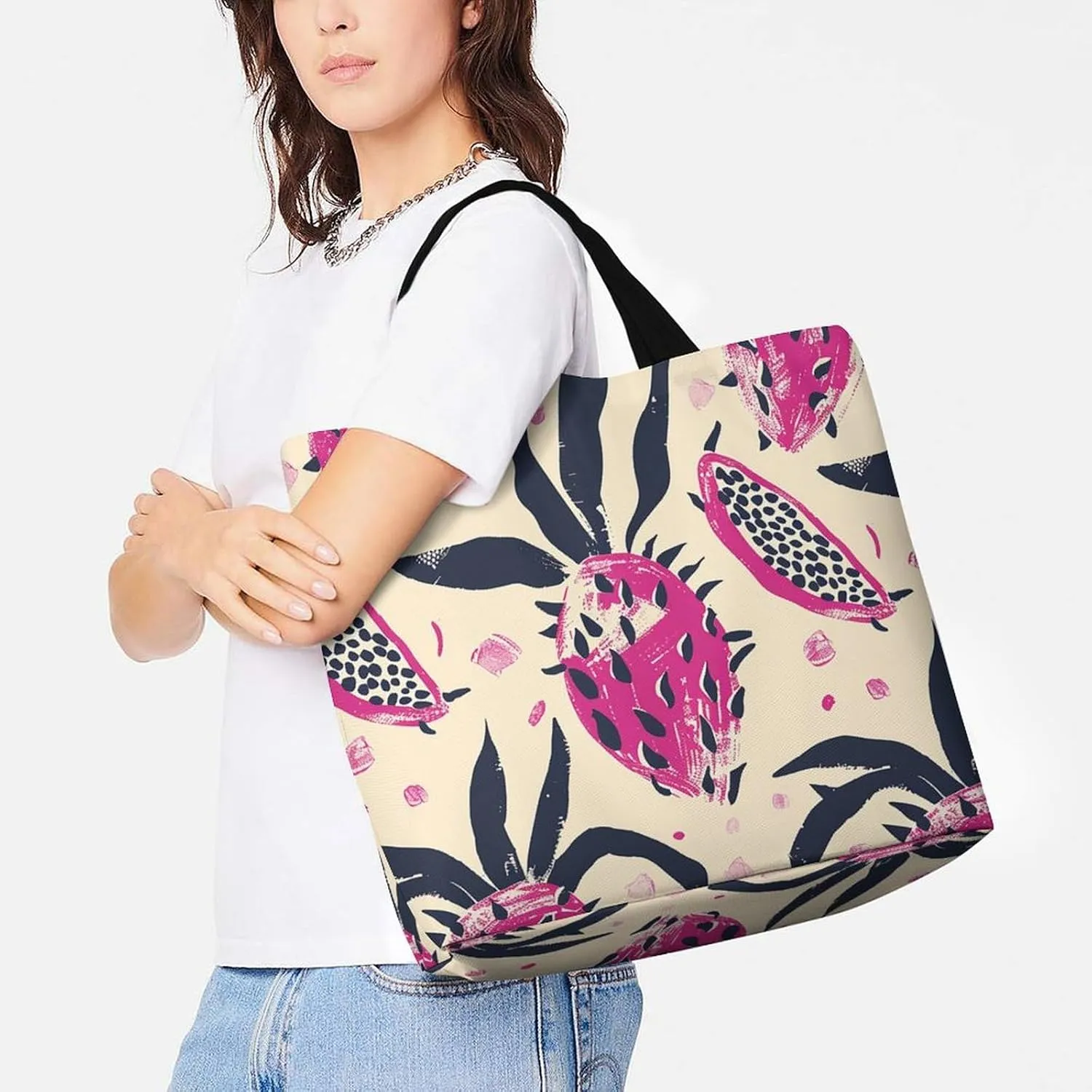 Dragon Fruit Pattern Beach Bag Reusable Tote Bag Foldable Grocery Bags Women Shopping Bags for Daily Essentials