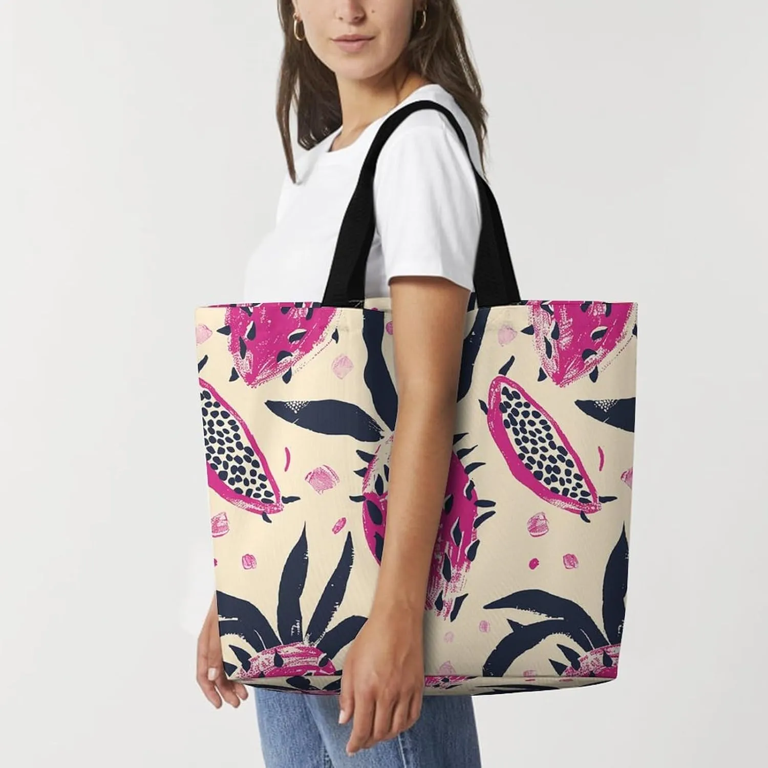 Dragon Fruit Pattern Beach Bag Reusable Tote Bag Foldable Grocery Bags Women Shopping Bags for Daily Essentials