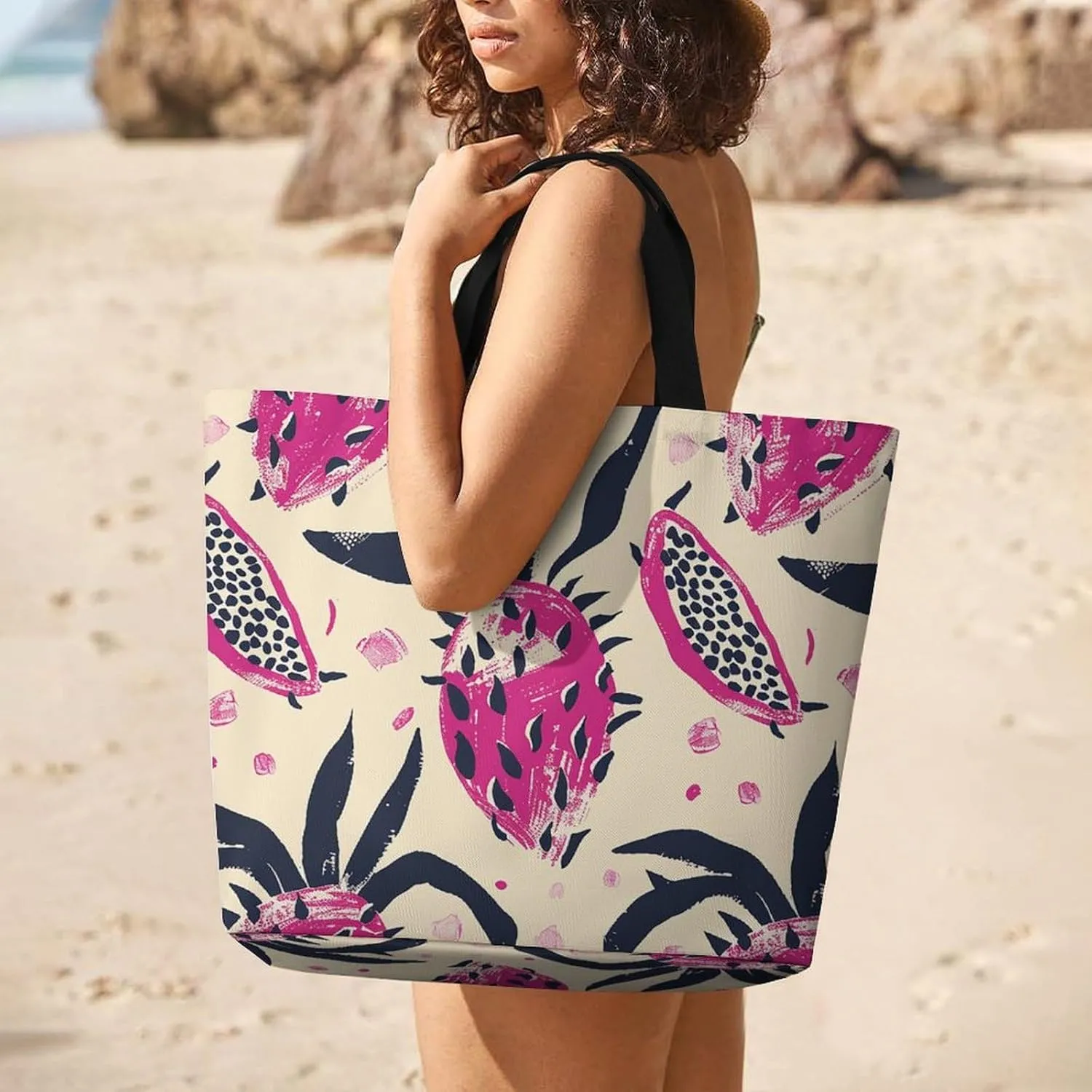 Dragon Fruit Pattern Beach Bag Reusable Tote Bag Foldable Grocery Bags Women Shopping Bags for Daily Essentials