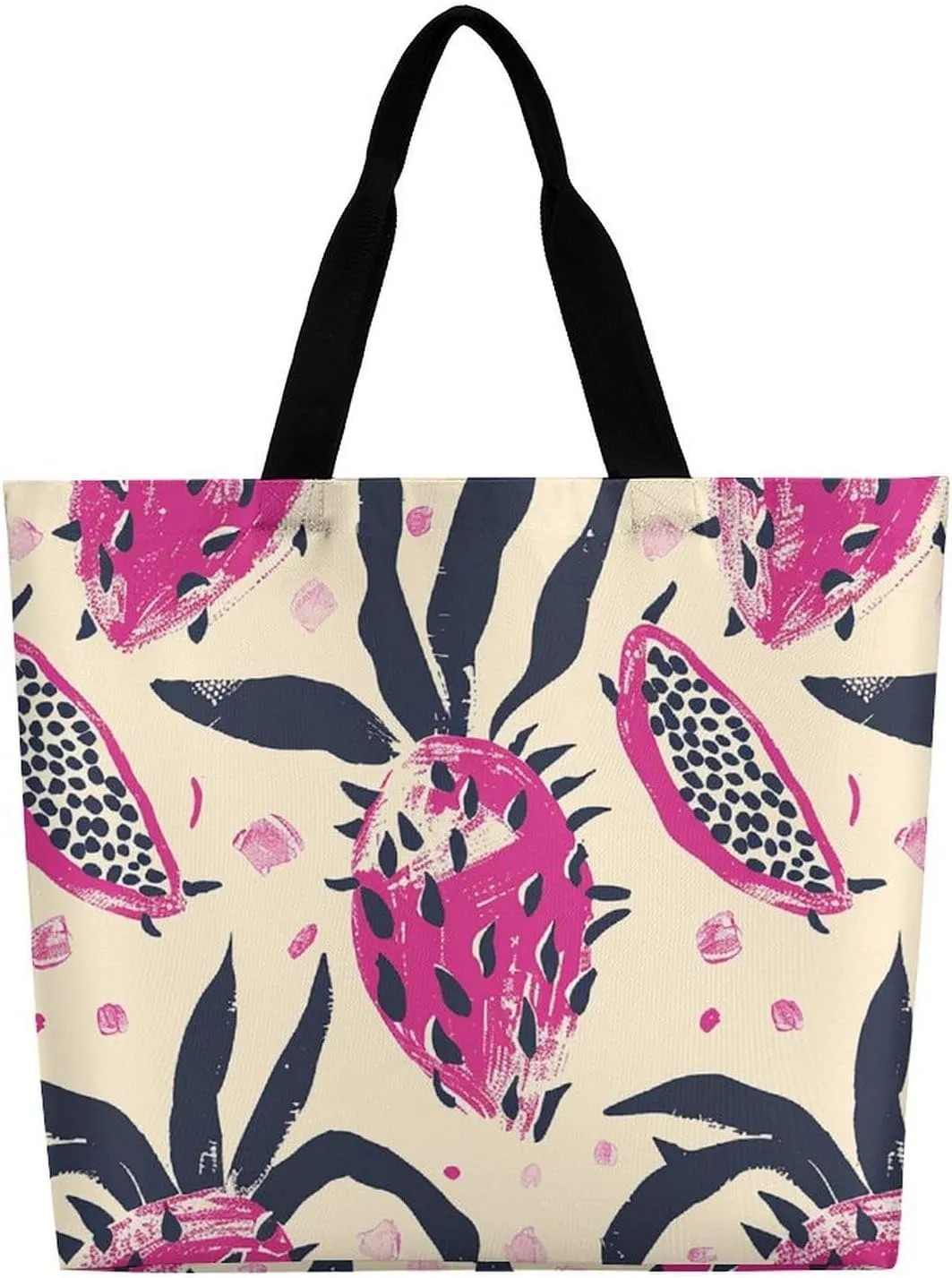 Dragon Fruit Pattern Beach Bag Reusable Tote Bag Foldable Grocery Bags Women Shopping Bags for Daily Essentials