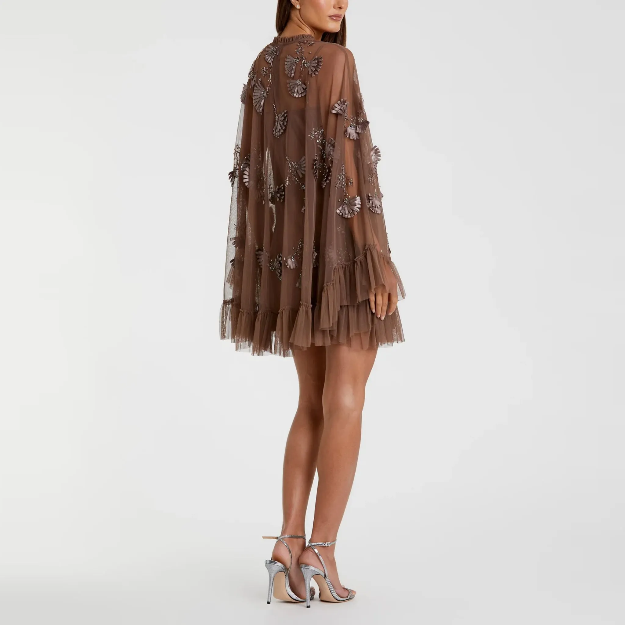 Embellished Long Flare Sleeve Mesh A-Line Dress