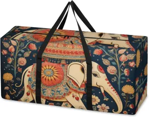 Ethnic Elephant Extra Large Moving Bags Heavy Duty Storage Bags Abstract Elephant Cloth Wrap Around Handles Double Zipper Reusable Convenient Foldable Storage Tote for Travel Camping Space Save