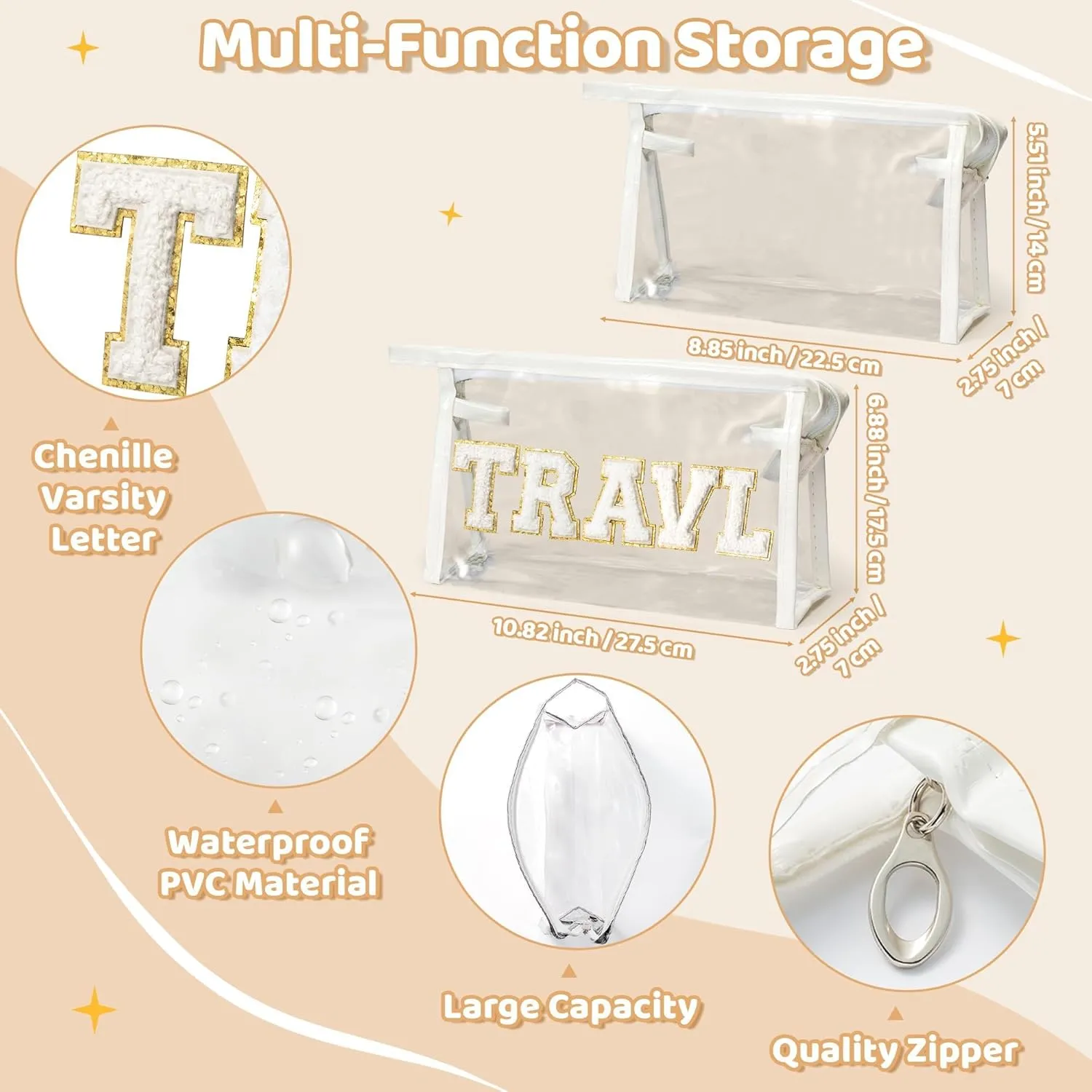 EZdhuawuse Preppy Patch Clear Cosmetic Bag - 2Pcs TRAVEL Chenille Letter Toiletry Bags Transparent Waterproof Portable PVC Makeup Bag Clutch Purse Travel Bag Christmas Gifts for Women Girls(White)