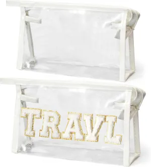 EZdhuawuse Preppy Patch Clear Cosmetic Bag - 2Pcs TRAVEL Chenille Letter Toiletry Bags Transparent Waterproof Portable PVC Makeup Bag Clutch Purse Travel Bag Christmas Gifts for Women Girls(White)