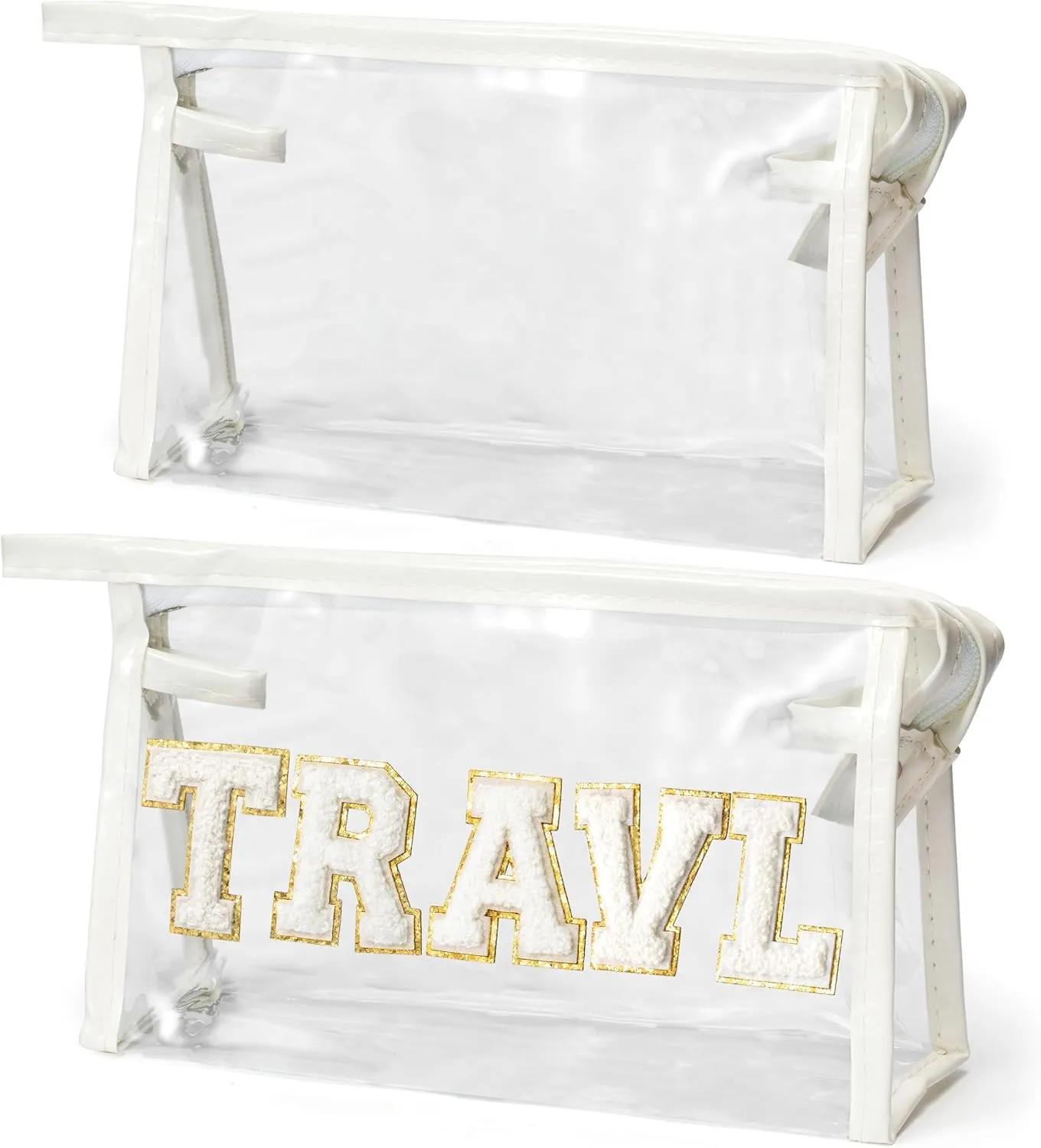 EZdhuawuse Preppy Patch Clear Cosmetic Bag - 2Pcs TRAVEL Chenille Letter Toiletry Bags Transparent Waterproof Portable PVC Makeup Bag Clutch Purse Travel Bag Christmas Gifts for Women Girls(White)