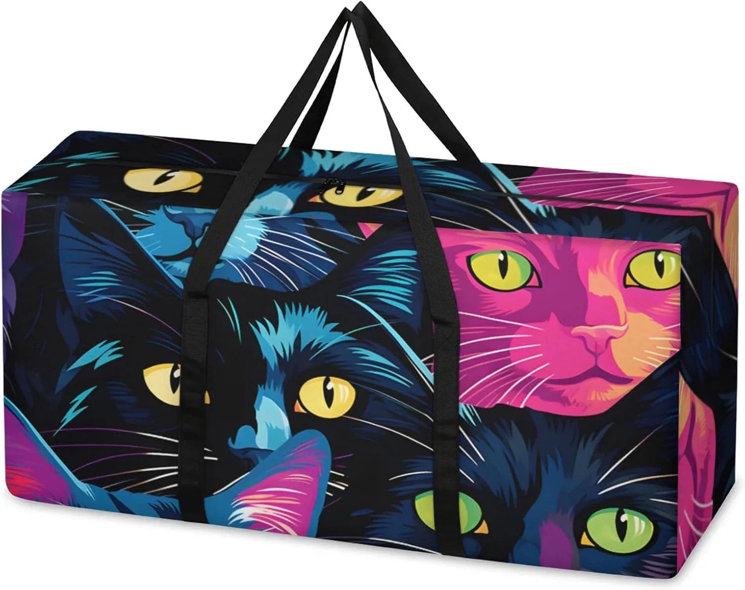 Fantastic Cat Extra Large Moving Bags Heavy Duty Storage Bags Abstract Cat Cloth Wrap Around Handles Double Zipper Reusable Convenient Foldable Storage Tote for Travel Camping Space Save