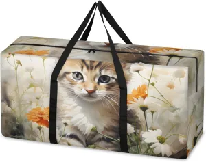 Fantastic Cat Extra Large Moving Bags Heavy Duty Storage Bags Floral Cat Cloth Wrap Around Handles Double Zipper Reusable Convenient Foldable Storage Tote for Travel Camping Space Save