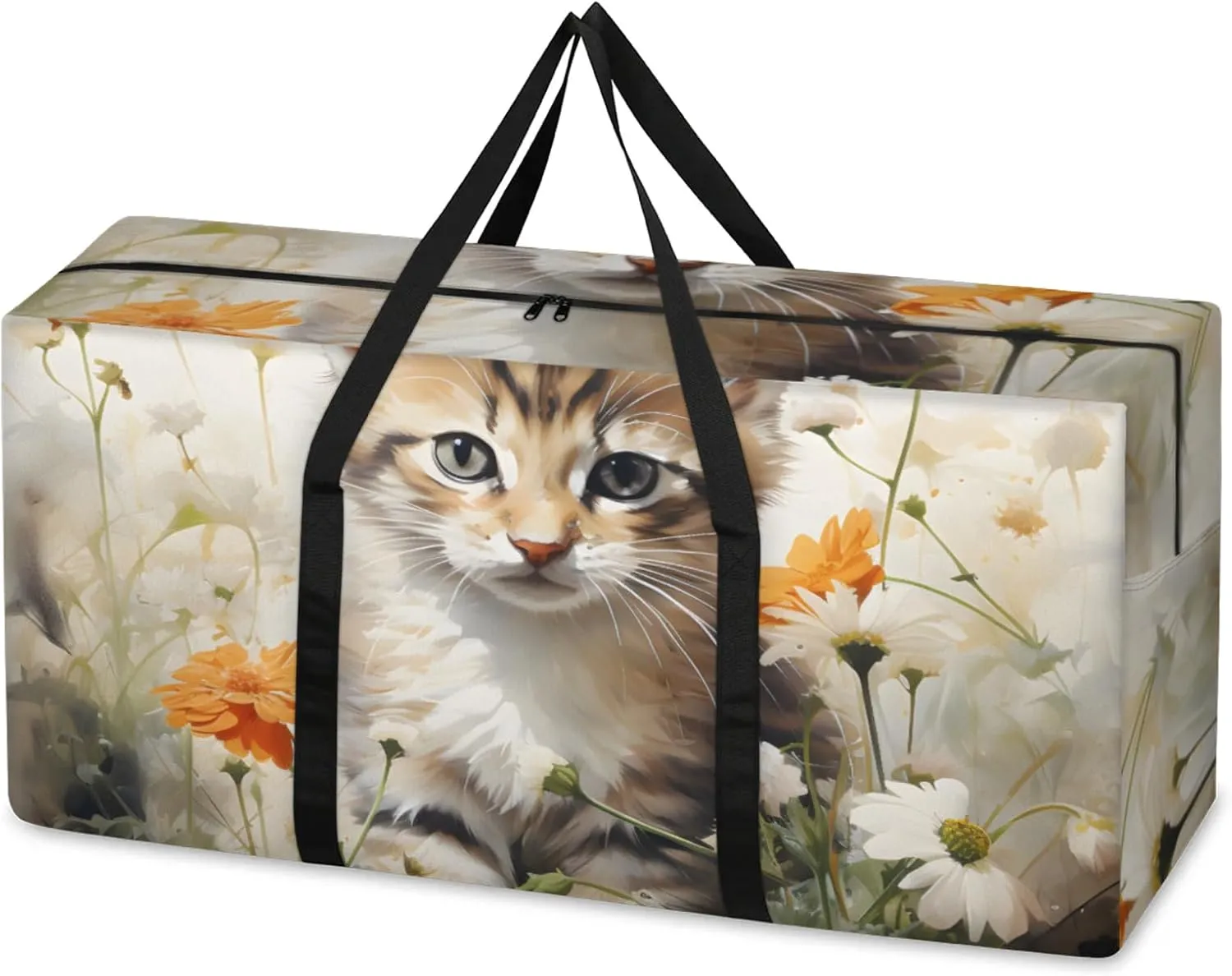 Fantastic Cat Extra Large Moving Bags Heavy Duty Storage Bags Floral Cat Cloth Wrap Around Handles Double Zipper Reusable Convenient Foldable Storage Tote for Travel Camping Space Save