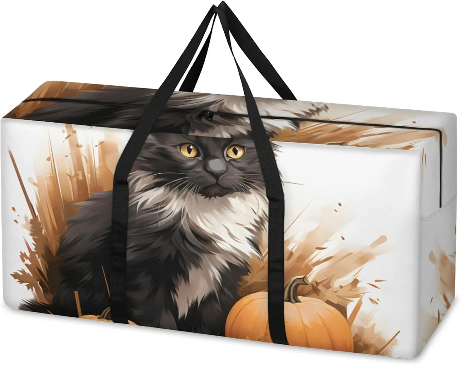 Fantastic Cat Extra Large Moving Bags Heavy Duty Storage Bags Pumpkin Cloth Wrap Around Handles Double Zipper Reusable Convenient Foldable Storage Tote for Travel Camping Space Save