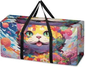 Fantastic Cat Extra Large Moving Bags Heavy Duty Storage Bags Watercolor Cat Cloth Wrap Around Handles Double Zipper Reusable Convenient Foldable Storage Tote for Travel Camping Space Save