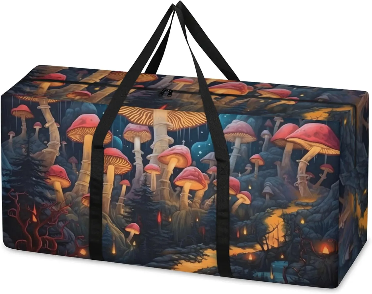 Fantastic Mushrooms Extra Large Moving Bags Heavy Duty Storage Bags Artistic Mushrooms Cloth Wrap Around Handles Double Zipper Reusable Convenient Foldable Storage Tote for Travel Camping Space Save