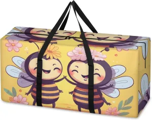 Flowers Bee Extra Large Moving Bags Heavy Duty Storage Bags Cartoon Bee Cloth Wrap Around Handles Double Zipper Reusable Convenient Foldable Storage Tote for Travel Camping Space Save