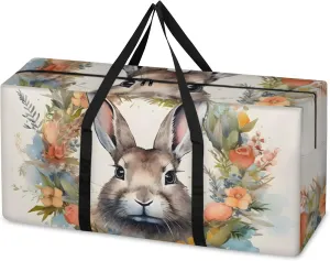Flowers Bunny Extra Large Moving Bags Heavy Duty Storage Bags Cartoon Rabbit Cloth Wrap Around Handles Double Zipper Reusable Convenient Foldable Storage Tote for Travel Camping Space Save