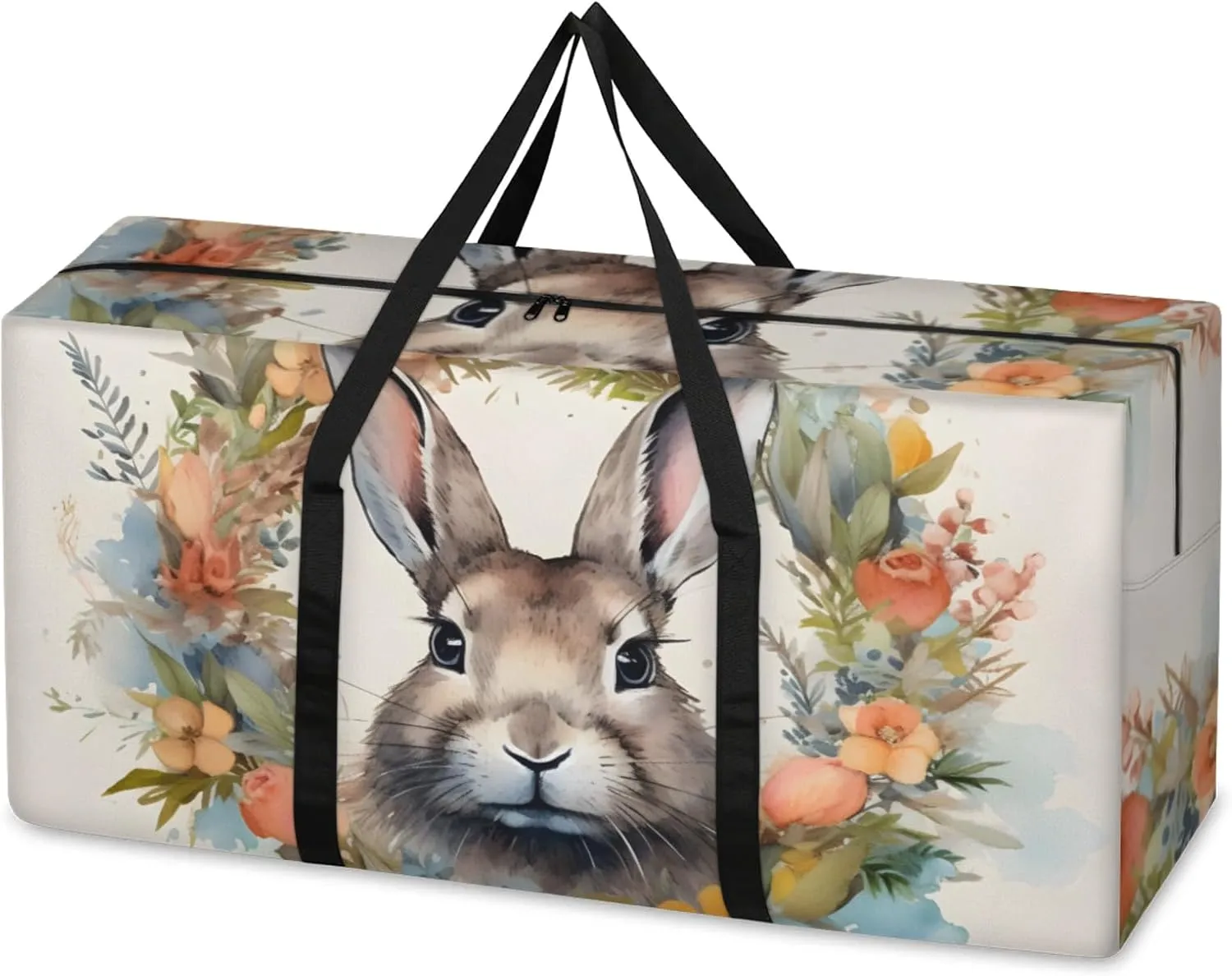 Flowers Bunny Extra Large Moving Bags Heavy Duty Storage Bags Cartoon Rabbit Cloth Wrap Around Handles Double Zipper Reusable Convenient Foldable Storage Tote for Travel Camping Space Save