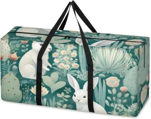Flowers Bunny Extra Large Moving Bags Heavy Duty Storage Bags Cloth Wrap Around Handles Double Zipper Reusable Convenient Foldable Storage Tote for Travel Camping Space Save