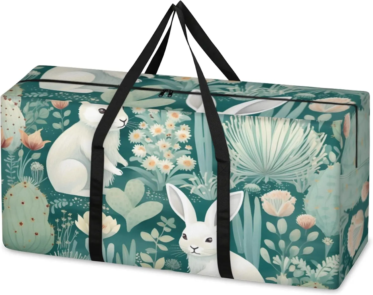 Flowers Bunny Extra Large Moving Bags Heavy Duty Storage Bags Cloth Wrap Around Handles Double Zipper Reusable Convenient Foldable Storage Tote for Travel Camping Space Save