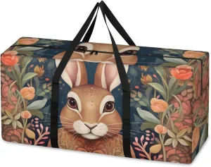 Flowers Bunny Extra Large Moving Bags Heavy Duty Storage Bags Ethnic Rabbit Cloth Wrap Around Handles Double Zipper Reusable Convenient Foldable Storage Tote for Travel Camping Space Save