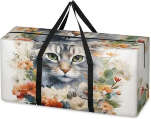 Flowers Cat Extra Large Moving Bags Heavy Duty Storage Bags Watercolor Cat Cloth Wrap Around Handles Double Zipper Reusable Convenient Foldable Storage Tote for Travel Camping Space Save