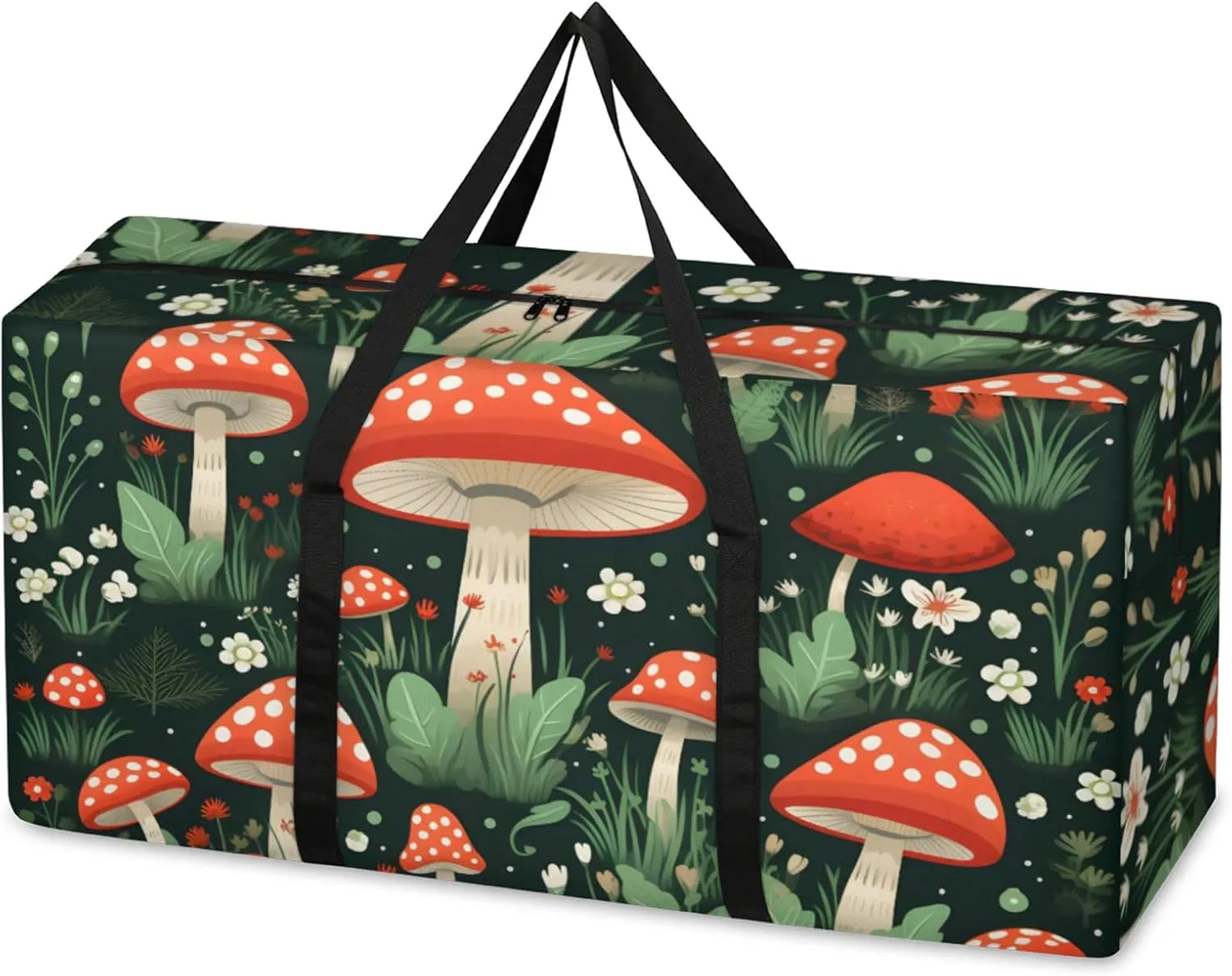 Flowers Mushrooms Extra Large Moving Bags Heavy Duty Storage Bags Colorful Mushrooms Cloth Wrap Around Handles Double Zipper Reusable Convenient Foldable Storage Tote for Travel Camping Space Save