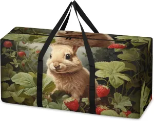 Flowers Strawberry Bunny Extra Large Moving Bags Heavy Duty Storage Bags Cloth Wrap Around Handles Double Zipper Reusable Convenient Foldable Storage Tote for Travel Camping Space Save