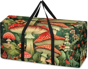 Forest Mushrooms Extra Large Moving Bags Heavy Duty Storage Bags Retro Mushrooms Cloth Wrap Around Handles Double Zipper Reusable Convenient Foldable Storage Tote for Travel Camping Space Save