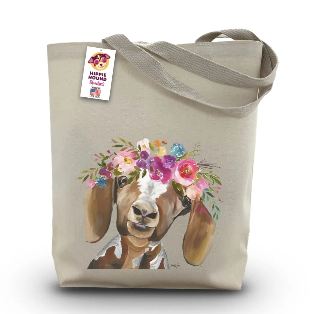 Goat with Flower Crown Tote Bag from Hippie Hound Studios - Goat Gifts for Mom - Handmade Totes - Goat Canvas Totes - Cute Goat Reusable Shopping Bag - Goat Lover Gifts - Grocery Bag - Beach Bag