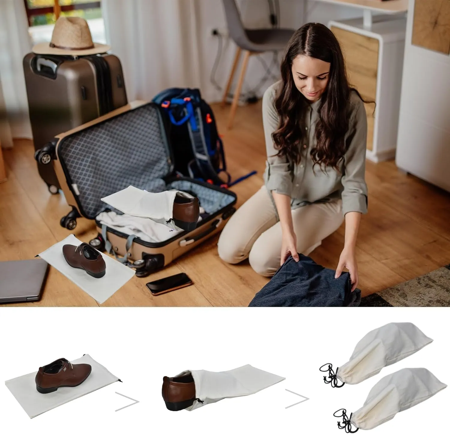 GONGKANGYUAN 4 Pack Shoe Bags for Travel Flannel Single Shoe Pouch with Drawstring for Men Women Travel Protecting Storing Shoes