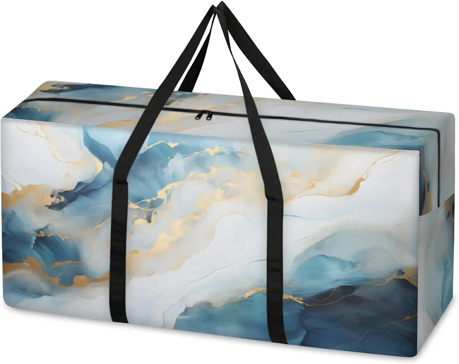 Graffiti Marble Extra Large Moving Bags Heavy Duty Storage Bags Blue Gold Marble Cloth Wrap Around Handles Double Zipper Reusable Convenient Foldable Storage Tote for Travel Camping Space Save