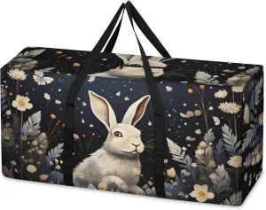 Graffiti Rabbit Extra Large Moving Bags Heavy Duty Storage Bags Flowers Bunny Cloth Wrap Around Handles Double Zipper Reusable Convenient Foldable Storage Tote for Travel Camping Space Save