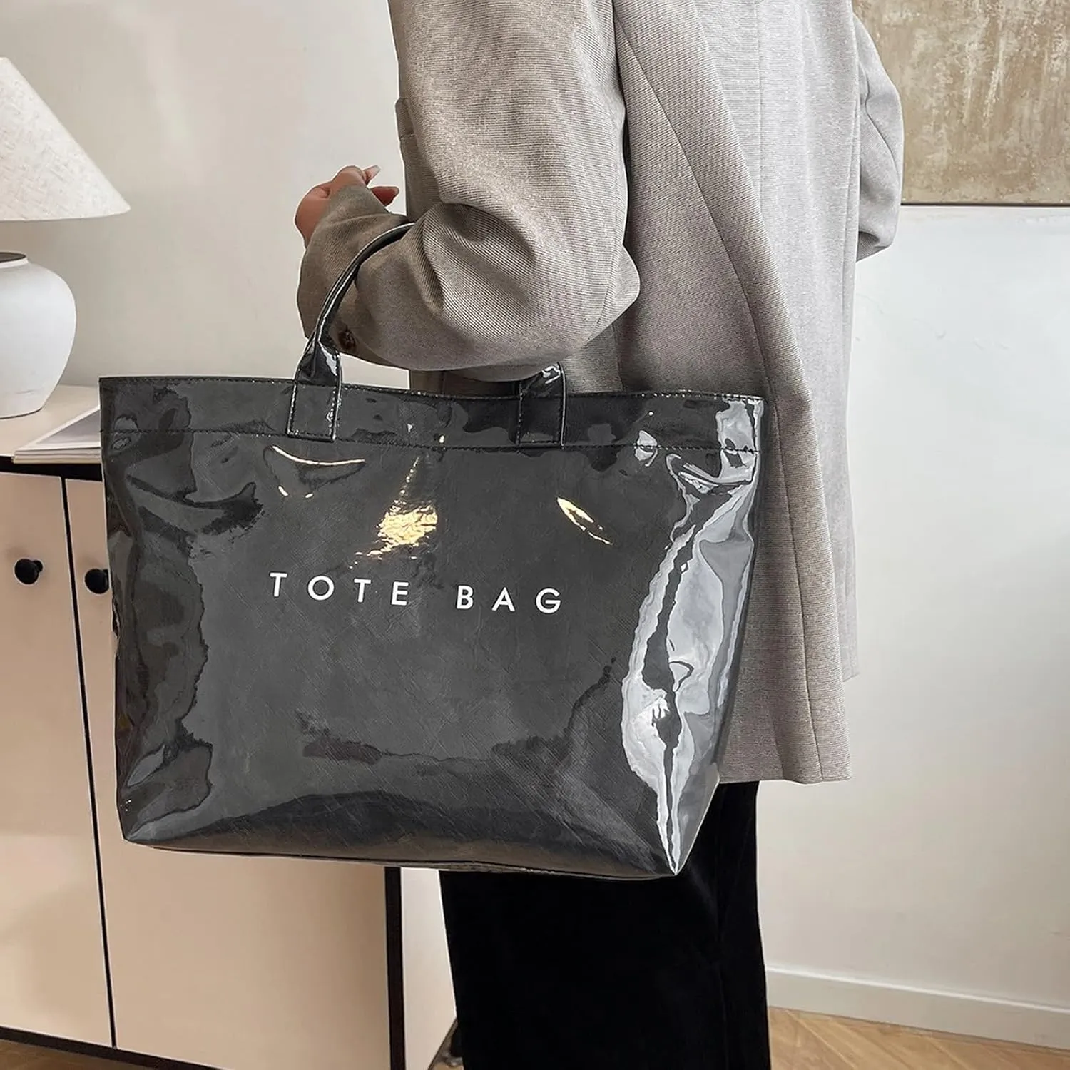 Handbag for Women Large Kraft Paper Letters Print Tote Bag Carry All Bag Top Handle Clear Hobo PVC Women's Tote Bag