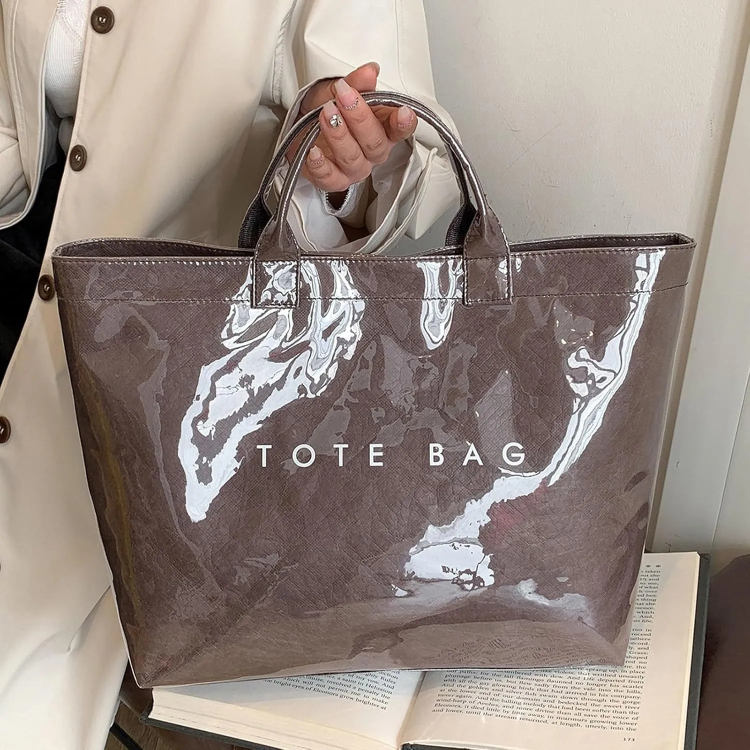 Handbag for Women Large Kraft Paper Letters Print Tote Bag Carry All Bag Top Handle Clear Hobo PVC Women's Tote Bag