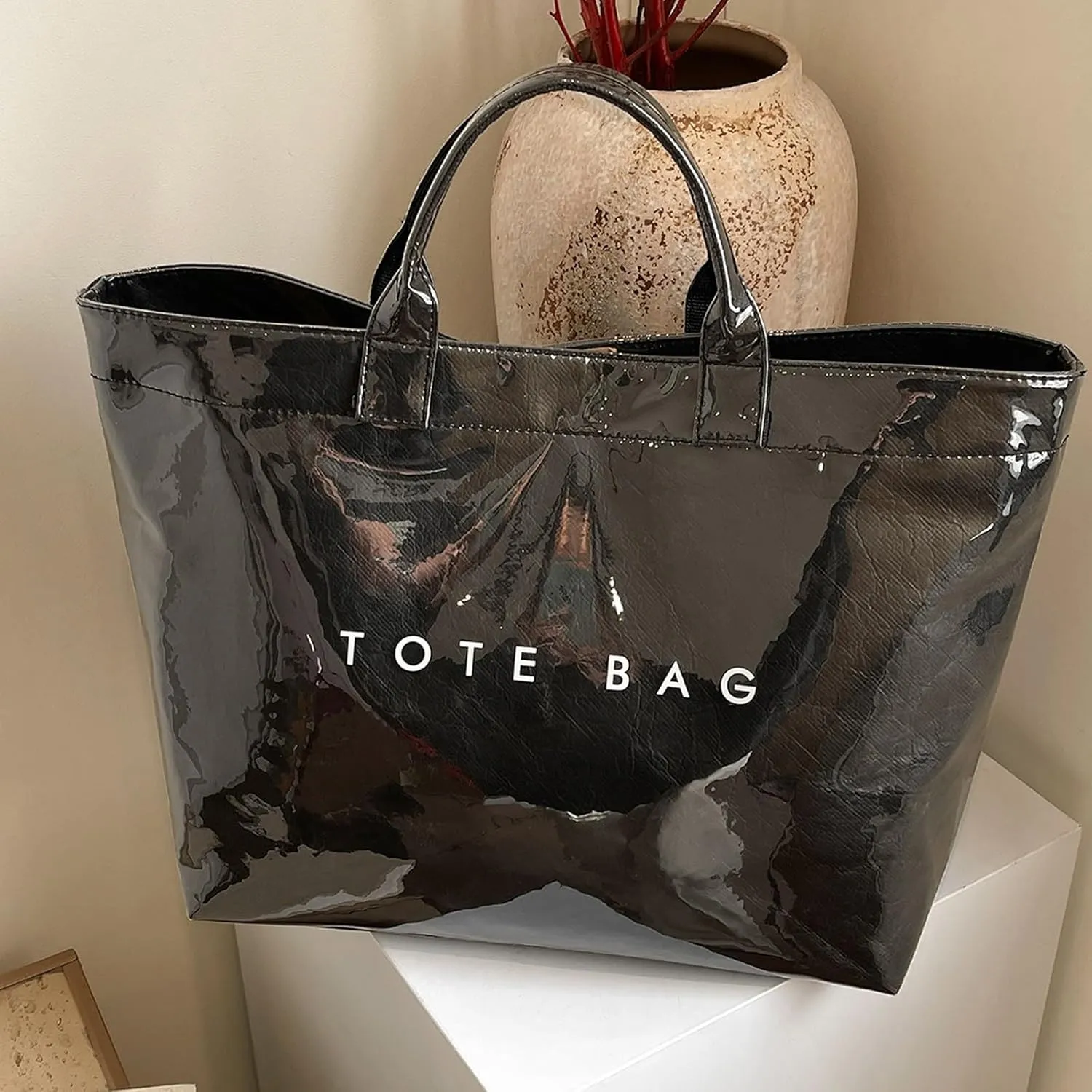Handbag for Women Large Kraft Paper Letters Print Tote Bag Carry All Bag Top Handle Clear Hobo PVC Women's Tote Bag