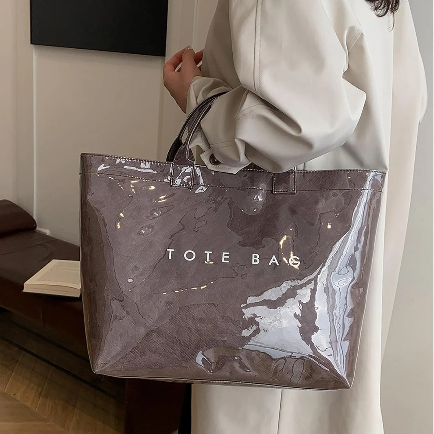 Handbag for Women Large Kraft Paper Letters Print Tote Bag Carry All Bag Top Handle Clear Hobo PVC Women's Tote Bag