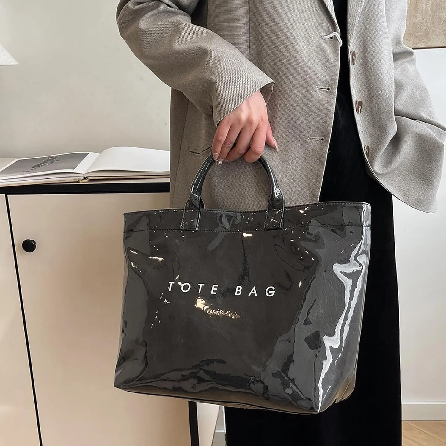 Handbag for Women Large Kraft Paper Letters Print Tote Bag Carry All Bag Top Handle Clear Hobo PVC Women's Tote Bag
