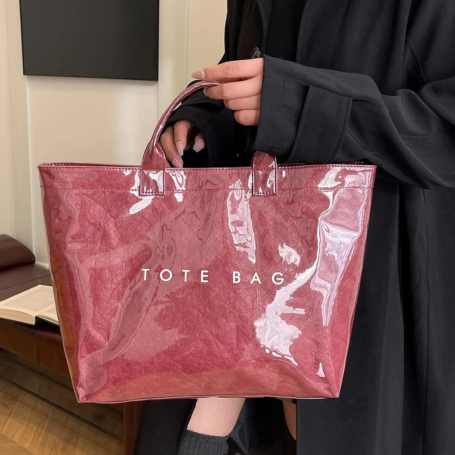 Handbag for Women Large Kraft Paper Letters Print Tote Bag Carry All Bag Top Handle Clear Hobo PVC Women's Tote Bag