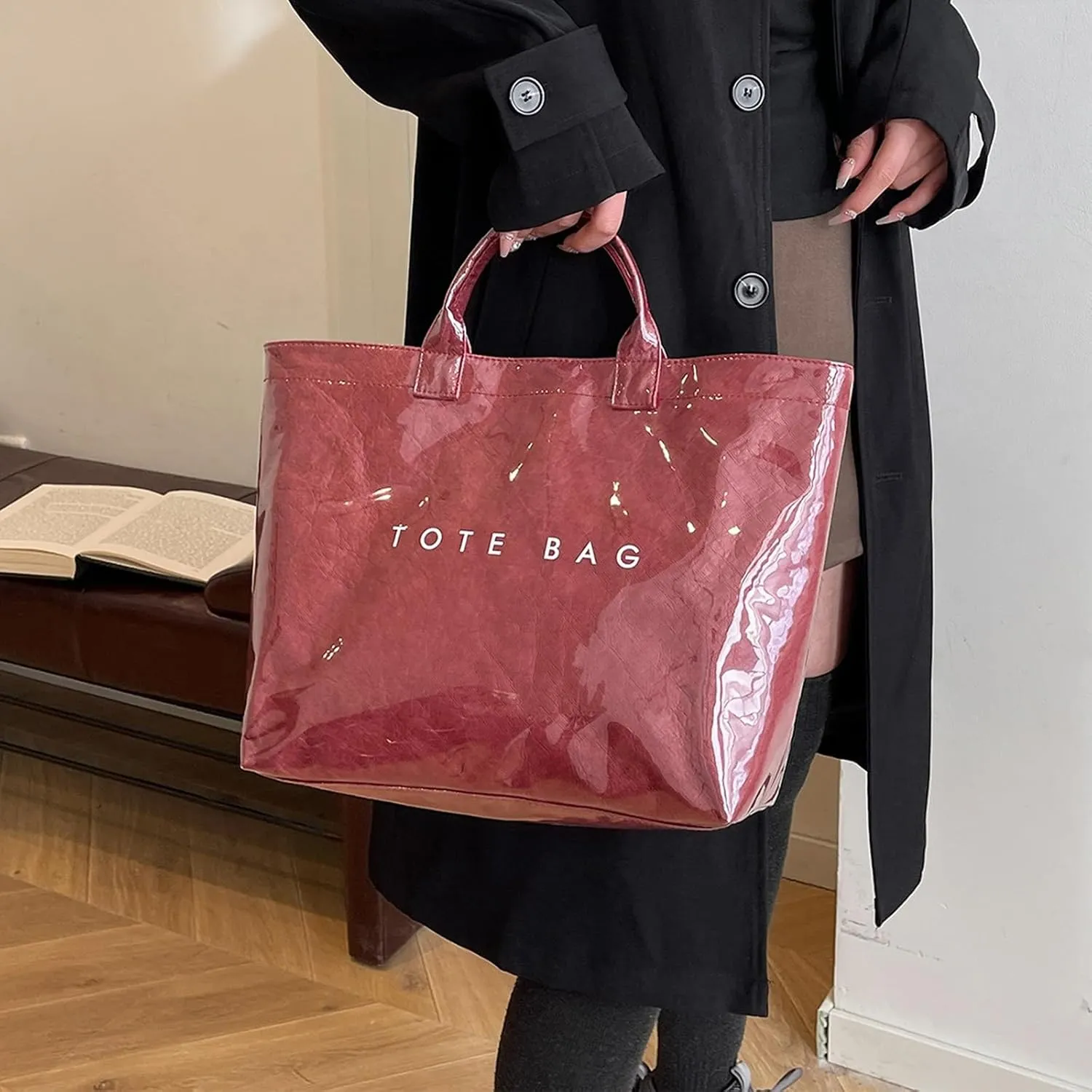 Handbag for Women Large Kraft Paper Letters Print Tote Bag Carry All Bag Top Handle Clear Hobo PVC Women's Tote Bag