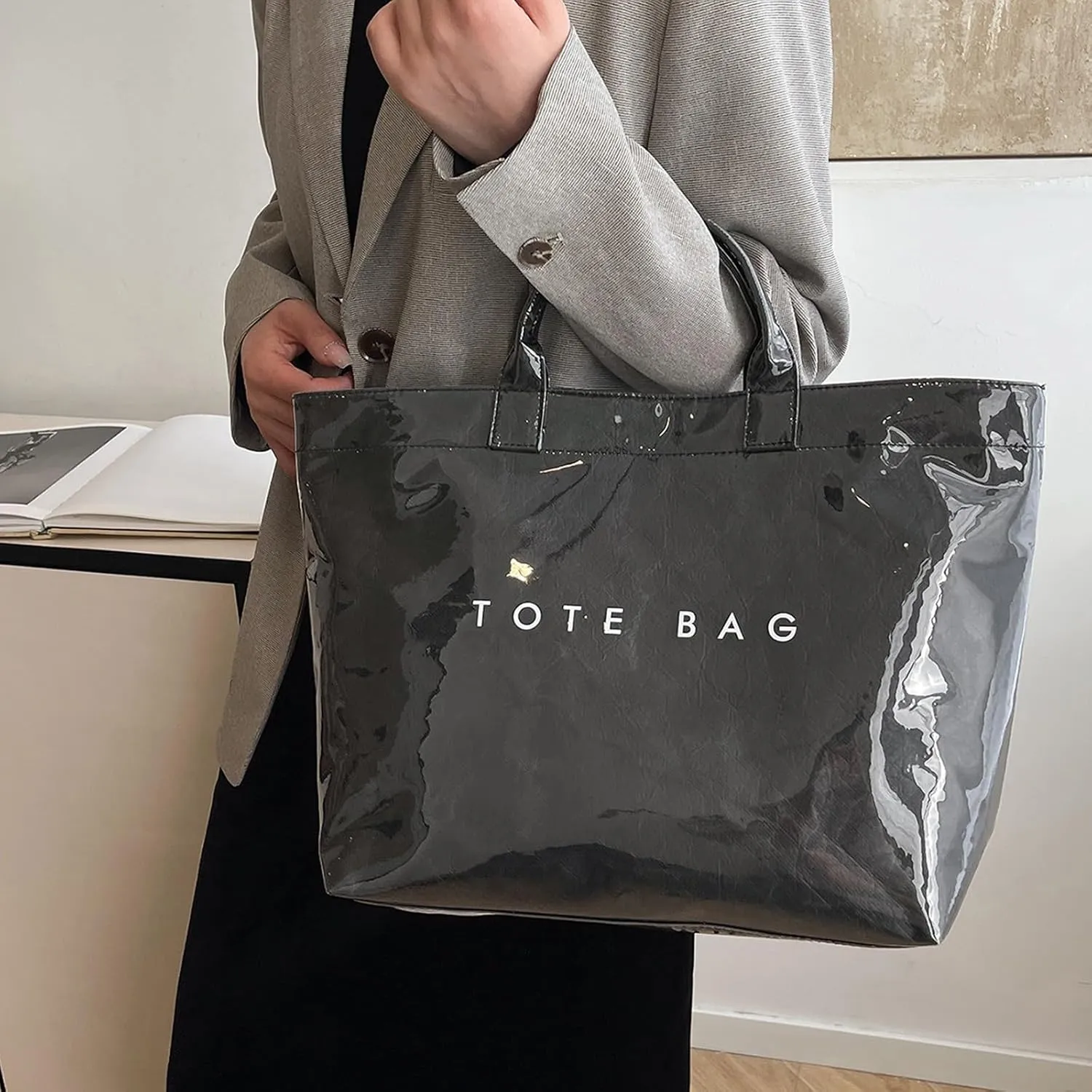 Handbag for Women Large Kraft Paper Letters Print Tote Bag Carry All Bag Top Handle Clear Hobo PVC Women's Tote Bag