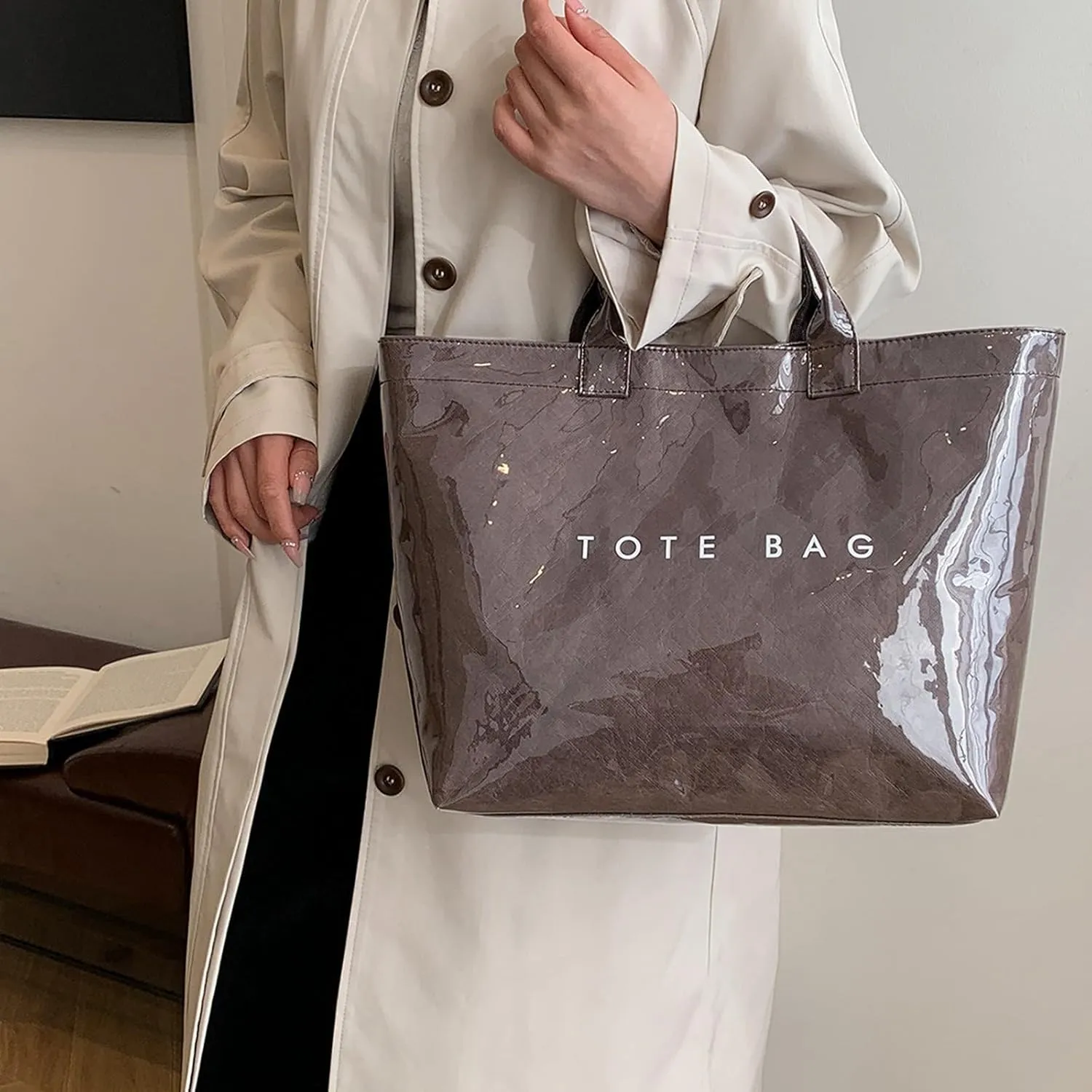 Handbag for Women Large Kraft Paper Letters Print Tote Bag Carry All Bag Top Handle Clear Hobo PVC Women's Tote Bag